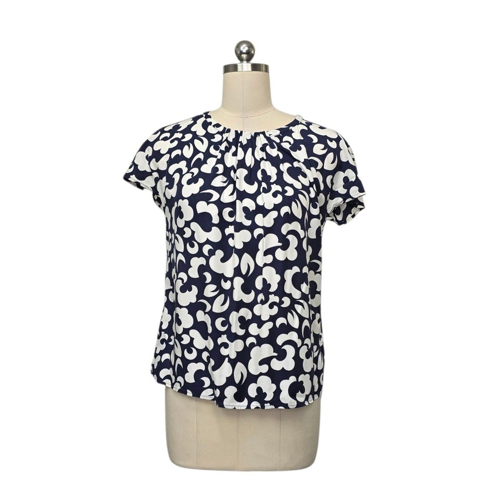 Boden Navy White Abstract Floral Silk Blend Blouse W0605 US 4 Short Sleeve Top